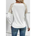 White Sequin Patch Chest Pocket Raglan Sleeve Top