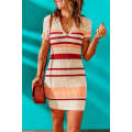 Apricot Striped Ribbed Knit V Neck Bodycon Mini Dress