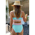 Sky Blue Striped Patchwork Spaghetti Strap High Waist Bikini Swimsuit