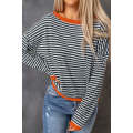 Contrast Trimmed Striped Drop Shoulder Sweater