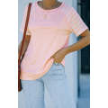 Pink Crewneck Raglan Sleeve Striped Patchwork T-shirt