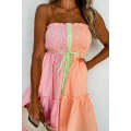 Pink Stripe Color Block Smocked Button Front Frilled Strapless Mini Dress