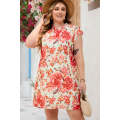 Red Plus Size Frilled Neck Ruffle Sleeveless Floral Dress