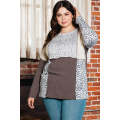 Brown Plus Size Leopard Waffle Ribbed Knit Patchwork Top