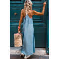 Beau Blue Contrast Straps Pocketed Long Chambray Dress