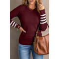 Red Striped Sleeve Plain Knit Sweater