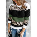 Green Crewneck Leopard Color Block Knit Pullover Sweater