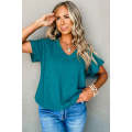 Blue Sapphire Crinkled V Neck Wide Sleeve T-shirt