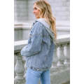 Sky Blue Rhinestone Fringed Pocket Buttoned Hooded Denim Jacket