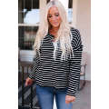 Black Striped Print Ruffled Buttoned Long Sleeve Top