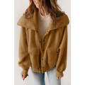 Brown Button Flap Pocket Spread Collar Fleece Jacket