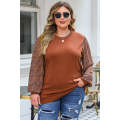 Brown Plus Size Printed Splicing Sleeve Ribbed Trim Sweater