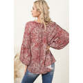 Red Pleated Lantern Sleeve Abstract Print Blouse