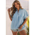 Sky Blue Split V Neck Oversized Denim Blouse