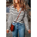 Stripe Collared V Neck Lightweight Knit Casual Sweater