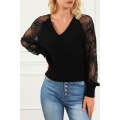 Black V-Neck Lace Sleeve Pullover Sweater