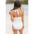 White Solid Halter Neck Backless One-piece Swimsuit