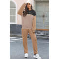 Khaki Corded 2pcs Colorblock Pullover and Pants Outfit