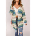 Green Striped Color Block Hollowed Knit Cardigan