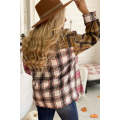 Brown Plaid Print Snap Button Long Sleeve Jackets with Pocket