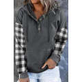 Gray Plaid Snap Button Pullover Hoodie with Pocket
