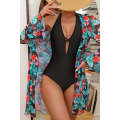 Black Halter Neck Monokini with Floral Beach Cover Up