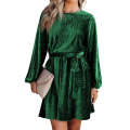 Green Tie Waist Crinkle Velvet Dress