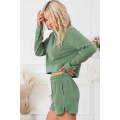 Green Fleece Two-piece Cropped Pullover and Shorts Set