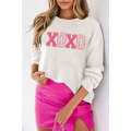 White XOXO Glitter Print Round Neck Casual Sweater