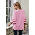 Pink V Lace Neckline 3/4 Bell Mesh Sleeves Blouse - Pink / S (EU32-34 / UK8-10)