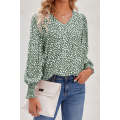 Green Spotted Pattern Shirred Cuffs Bubble Sleeve Blouse