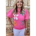 Bright Pink Floral Bubble Short Sleeve Sweater