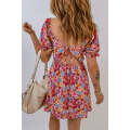 Pink Square Neck Short Puff Sleeves Floral Dress