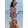 Green Tropical Print Ruffled Square Neck Tie High Waist Swimsuit