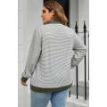 Green Striped Contrasting Trim Plus Size Henley Pullover