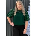 Blackish Green Plus Size Sequin Short Puff Sleeve Top