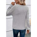 Gray Contrast Lace Raglan Sleeve Buttoned Ribbed Top