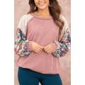 Rose Pink Floral Patchwork Puff Sleeve Textured Blouse