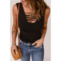 Black Lace up Hollow-out Neck Solid Tank Top