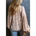 Apricot Western Print Balloon Sleeve Tassel Blouse