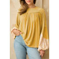 Beige Floral Colorblock Balloon Sleeve Exposed Seam Blouse