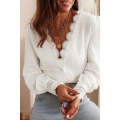 White Lace Crochet Trim Deep V Neck Textured Blouse