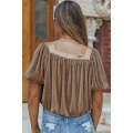 Simply Taupe Pleated Puff Sleeve Square Neck Blouse