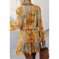 Orange Boho Geometric Print Buttoned V Neck Mini Dress