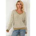 Khaki Chic Striped Knit V Neck Drop Shoulder Sweater