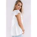 White Floral Embroidered Ruffled Lace-up V Neck Top