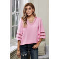 Pink V Lace Neckline 3/4 Bell Mesh Sleeves Blouse - Pink / S (EU32-34 / UK8-10)