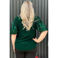Blackish Green Plus Size Sequin Short Puff Sleeve Top