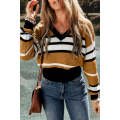 Brown Stripe Contrast Stripes V Neck Textured Knit Sweater