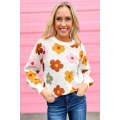 White Sweet Flower Knitted Ribbed Hem Sweater